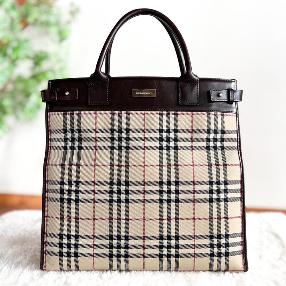 Burberry Beige Plaid Canvas Tote with Dark Brown Leather Trim